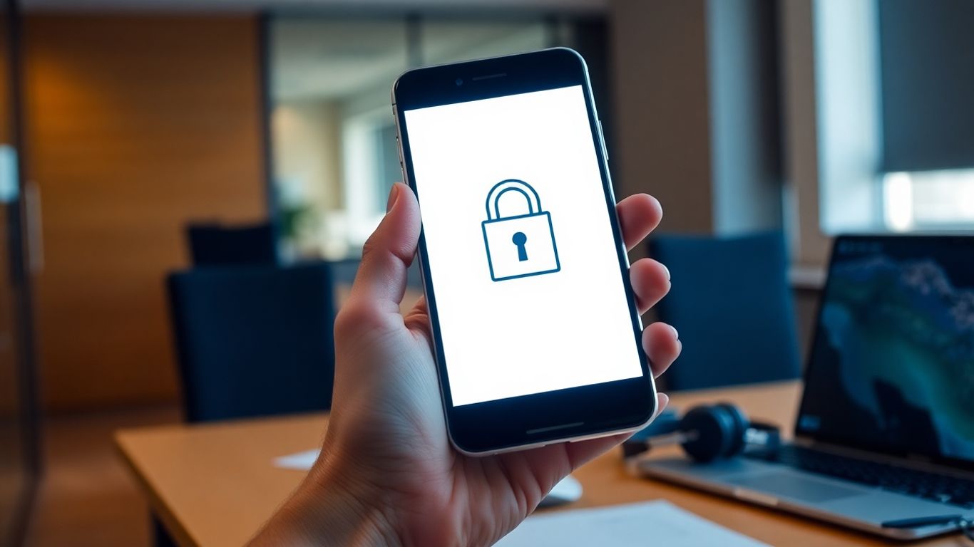 Person holding smartphone with security icons and office setup.
