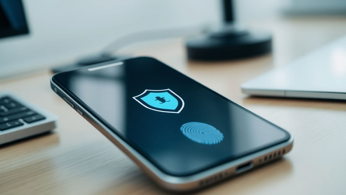 Smartphone with shield icon and fingerprint scanner