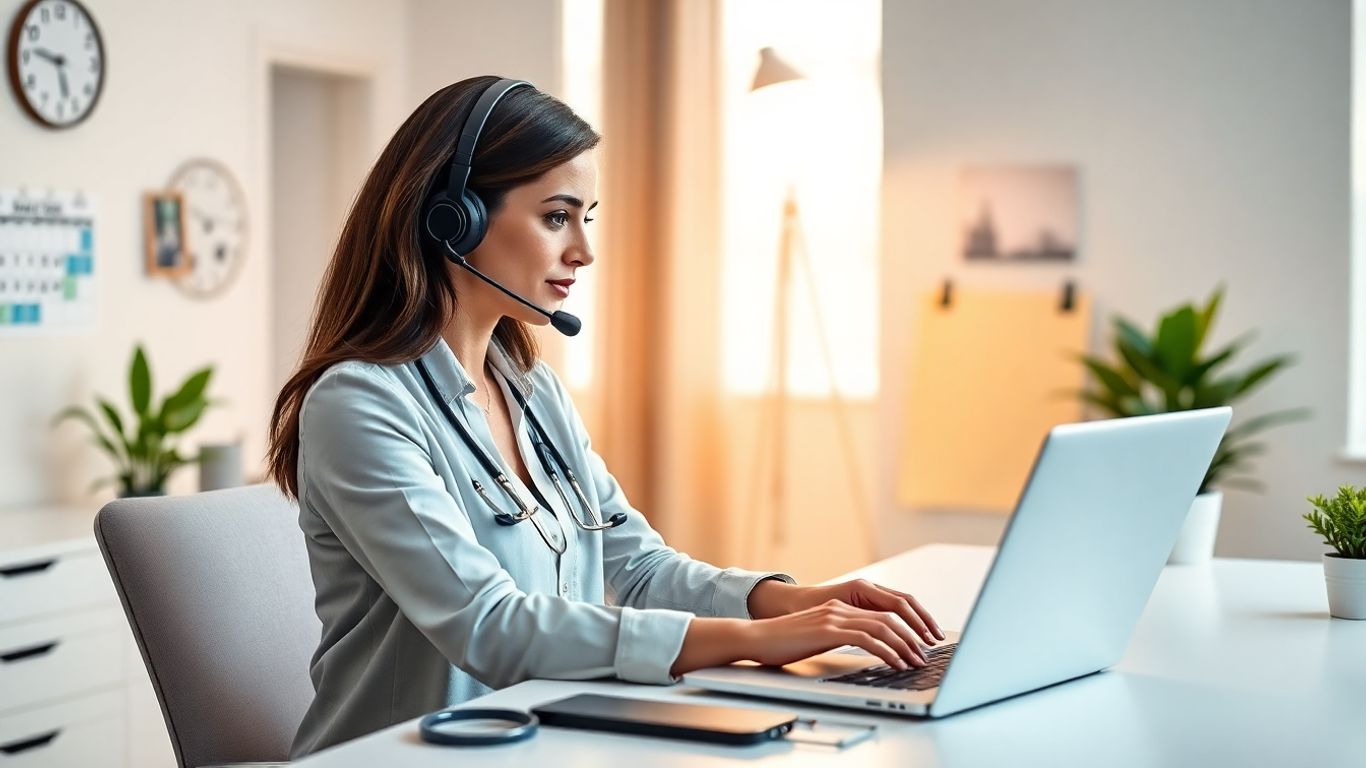 Virtual medical receptionist working at home office desk