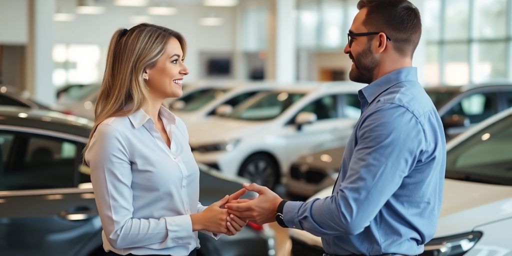 Salesperson interacting with customer at car dealership.