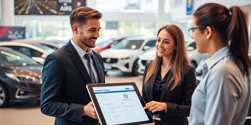 Car dealership representative assisting a customer with technology.
