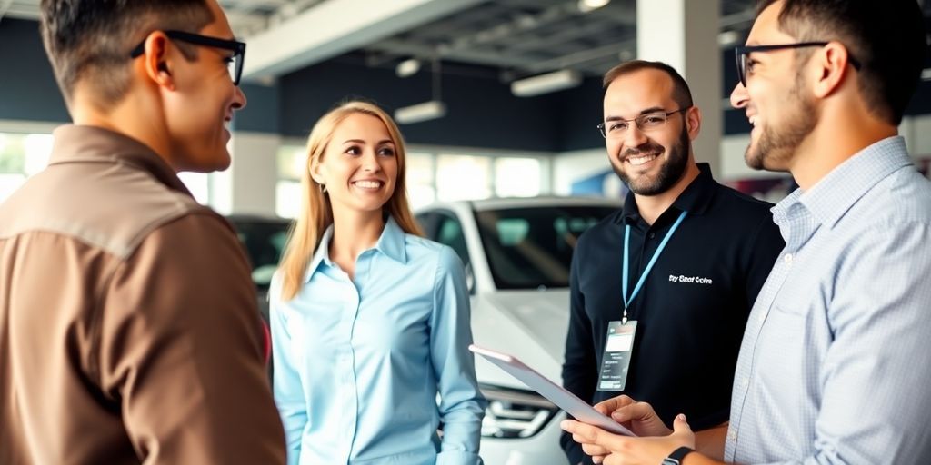 Sales team assisting a customer at a car dealership.