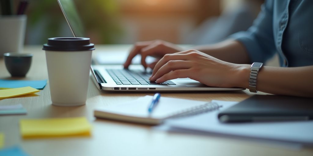 Person typing on laptop in a neat workspace.