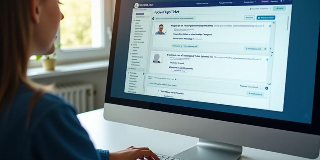 Person typing follow-up on IT support ticket interface.