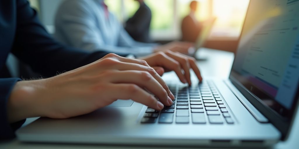 Person typing on a laptop in an office setting.