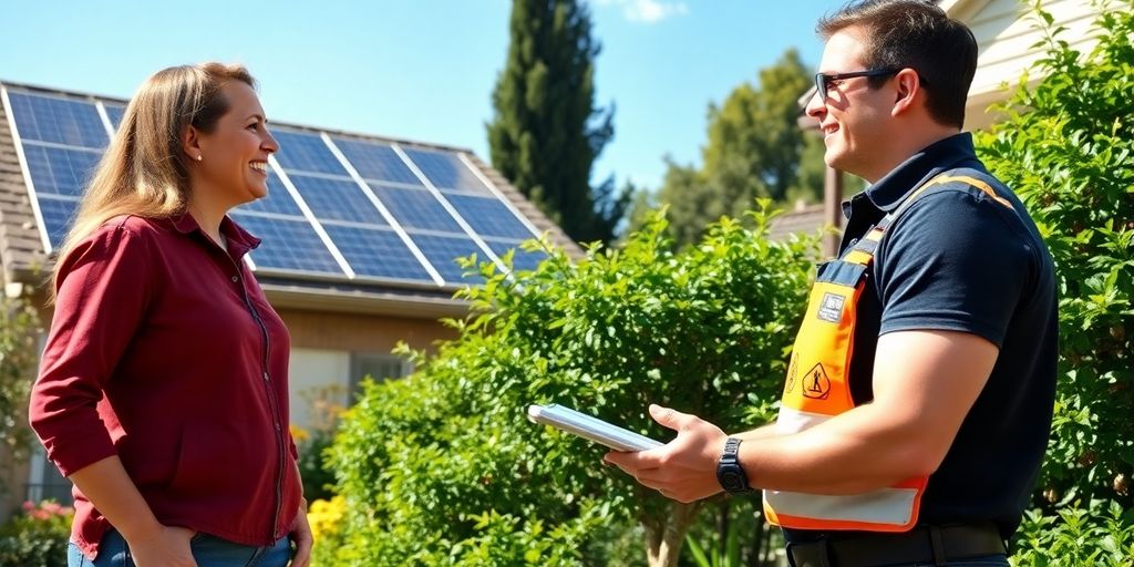 Homeowner consulting with solar technician outdoors.