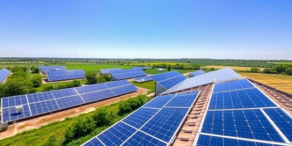 Solar panels under a clear blue sky with greenery.