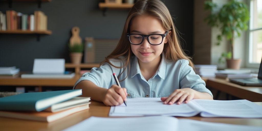 Student reviewing application materials at a desk.