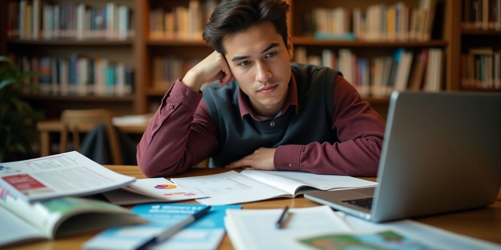 Student reviewing college applications at a desk.