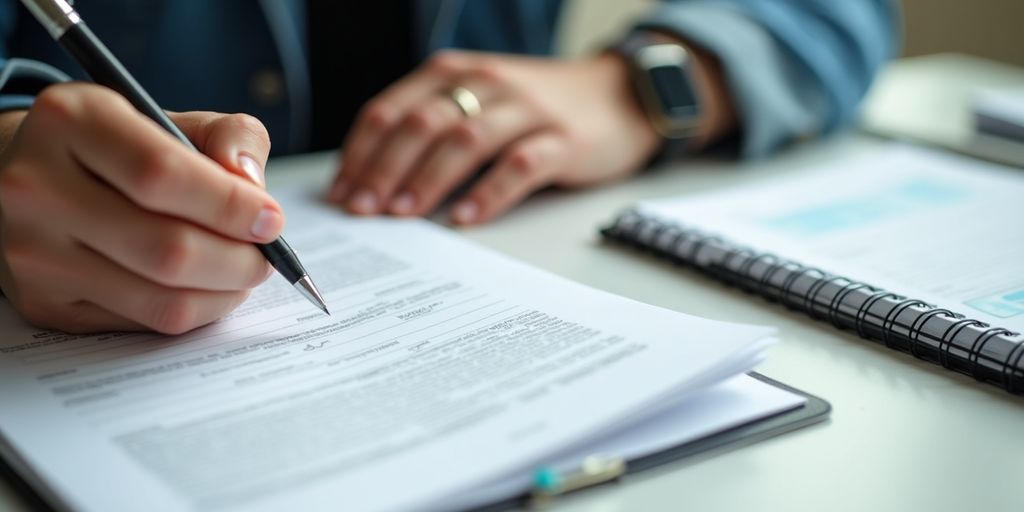 Person reviewing student applications on a desk.
