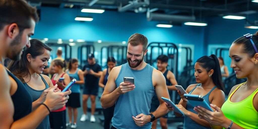 Gym members using technology during workouts.