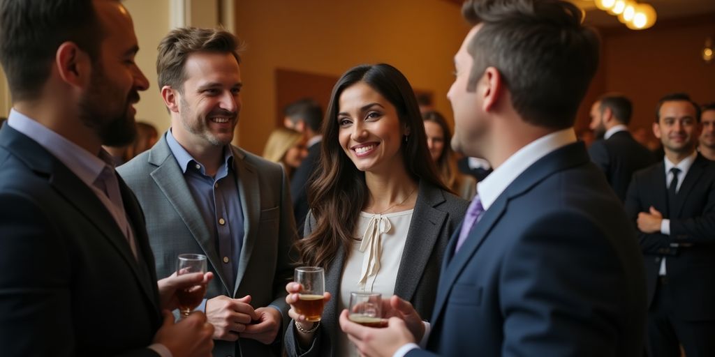 Diverse alumni networking at a formal event.