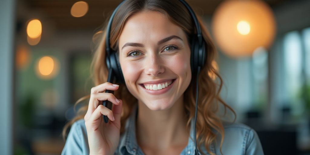 A customer service representative on the phone smiling.
