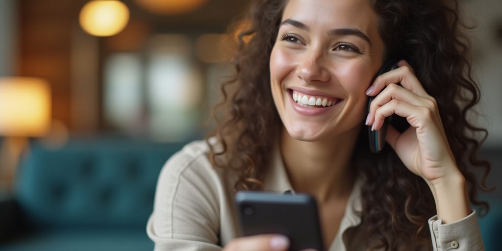 Person smiling while talking on a smartphone in office.