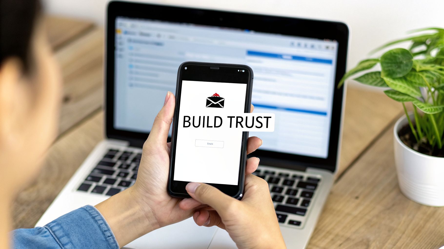 A person holds a smartphone displaying "BUILD TRUST" text and an envelope icon, with a laptop and plant in the background.