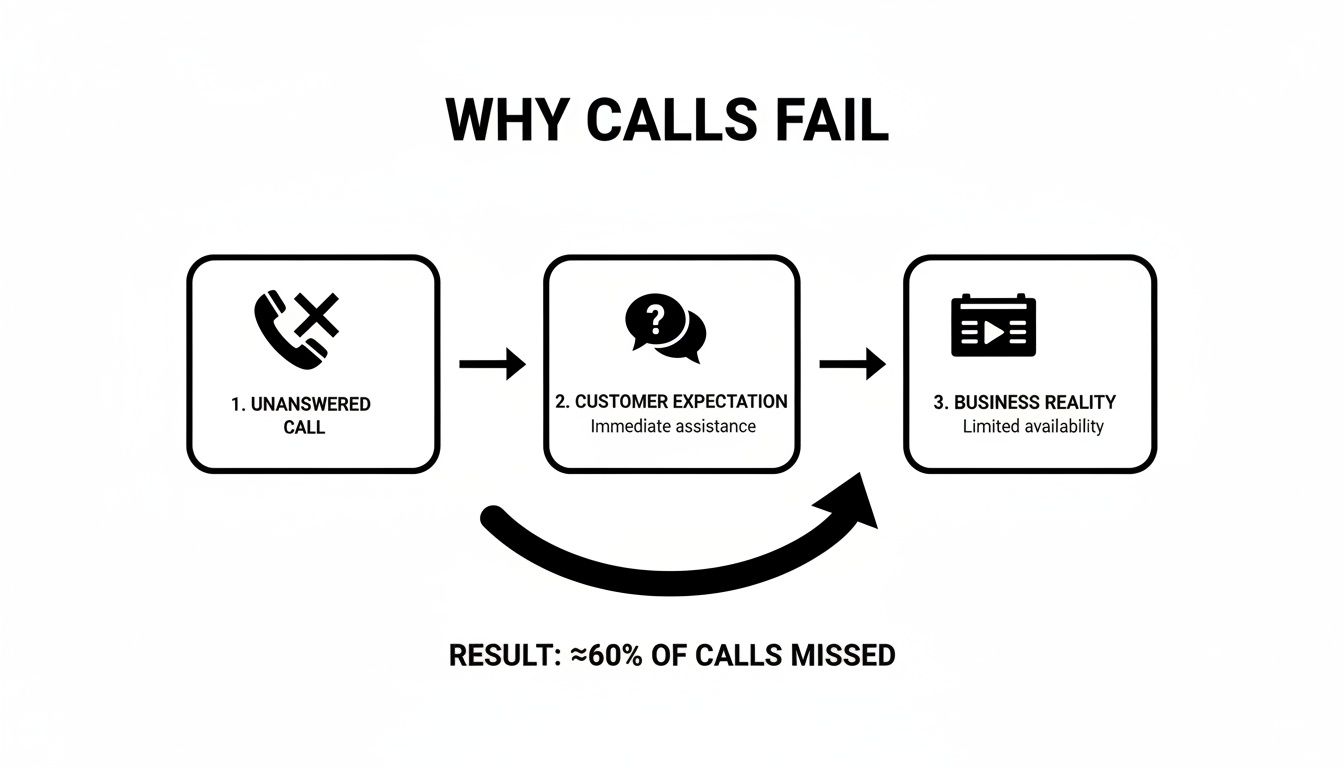 Diagram explaining why calls fail, showing unanswered calls, customer expectations for immediate assistance, and business reality of limited availability, resulting in 60% missed calls.