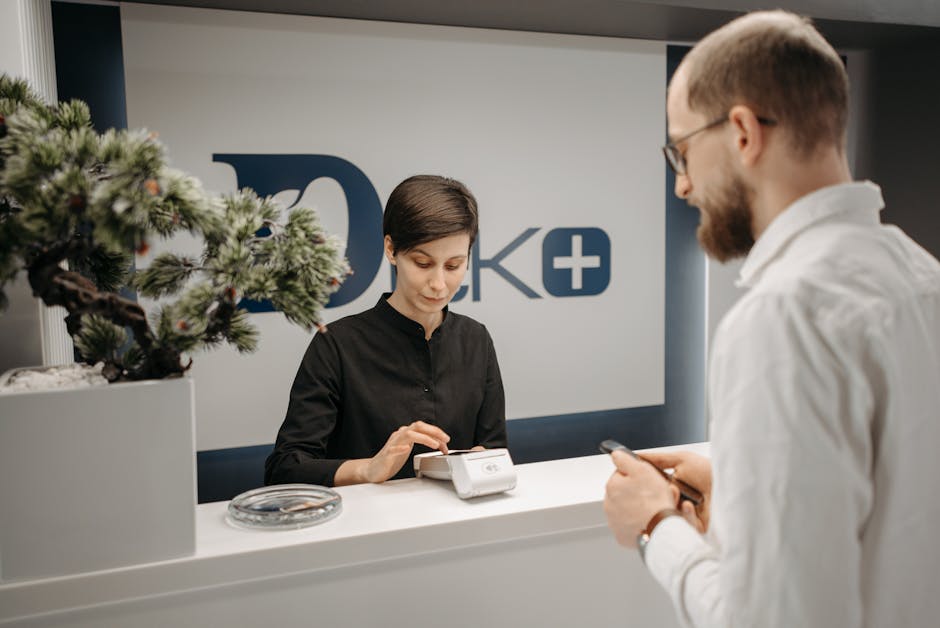 An engaging image depicting a digital receptionist assisting customers, symbolizing modern technology in customer service.