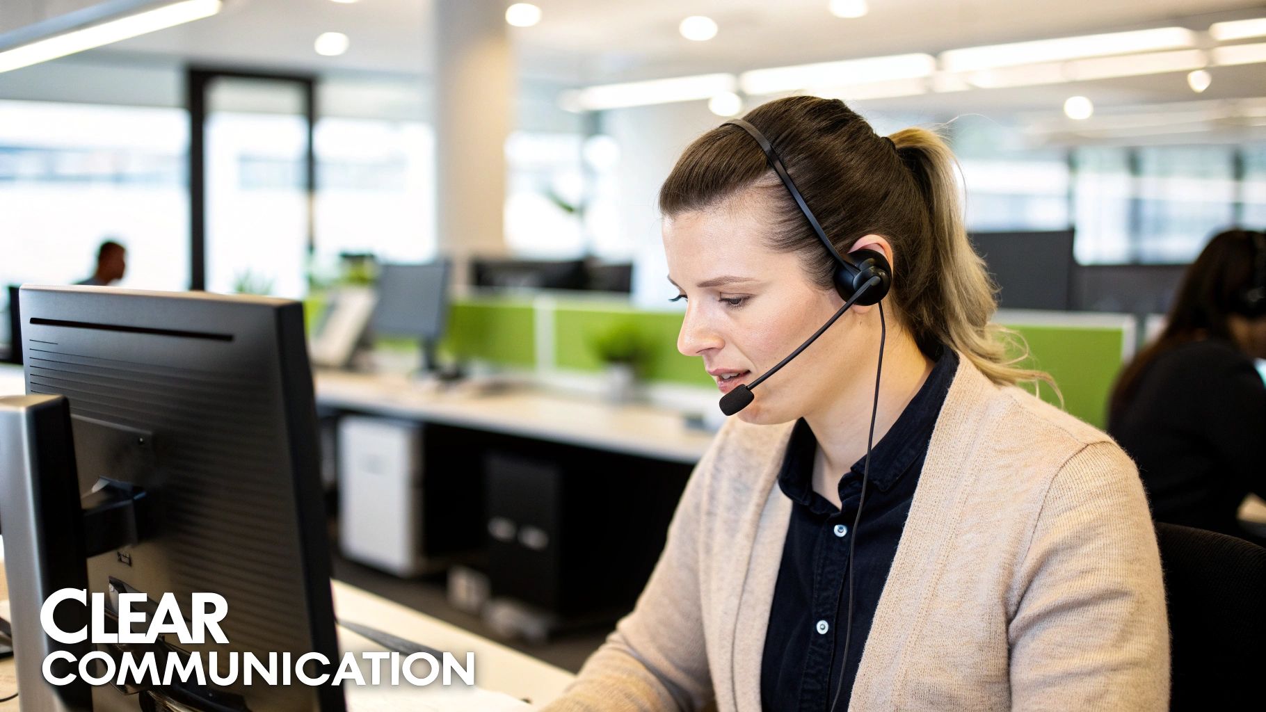 A customer service agent calmly talking on a headset