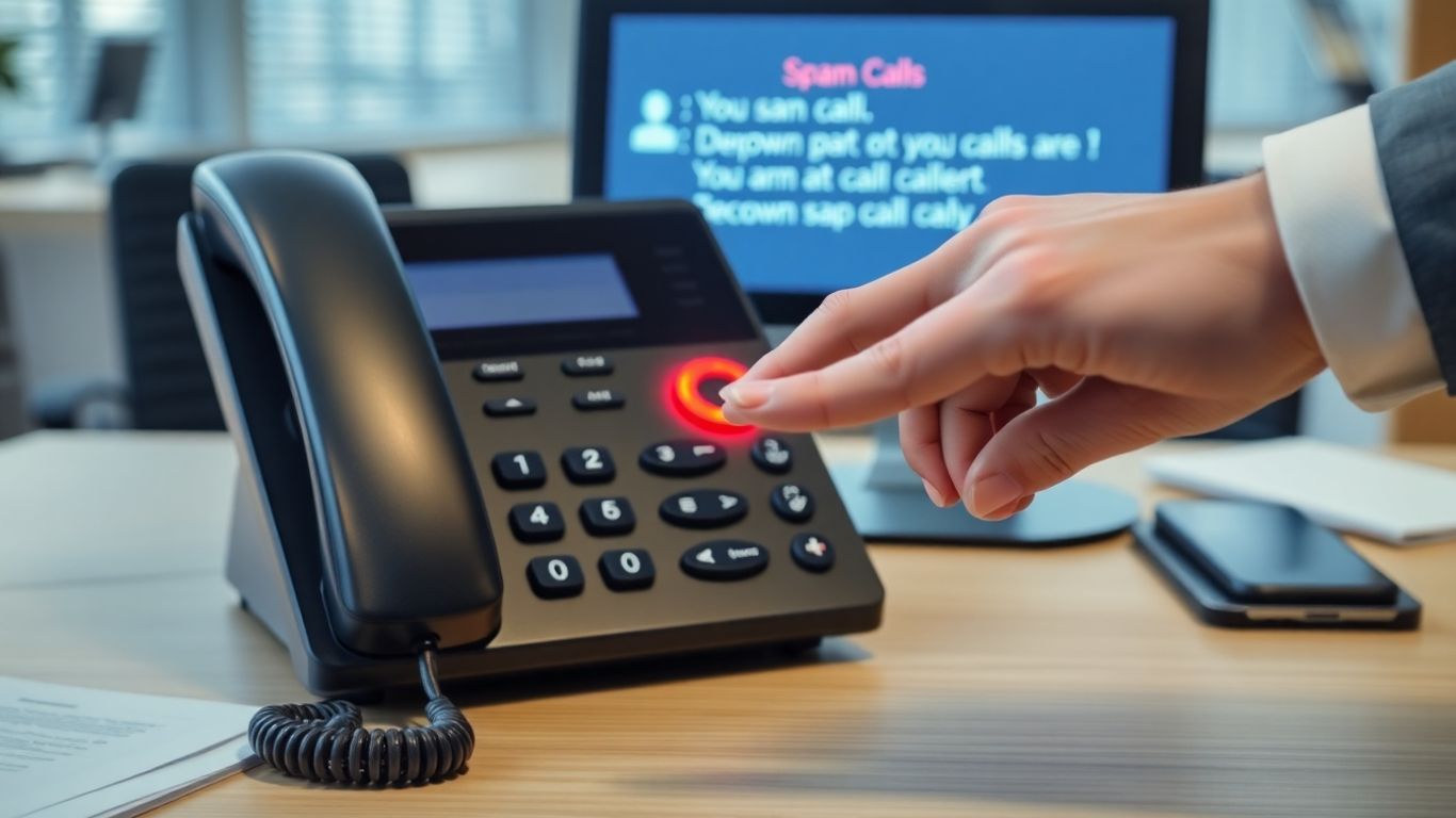 Hand declining spam call on business office phone