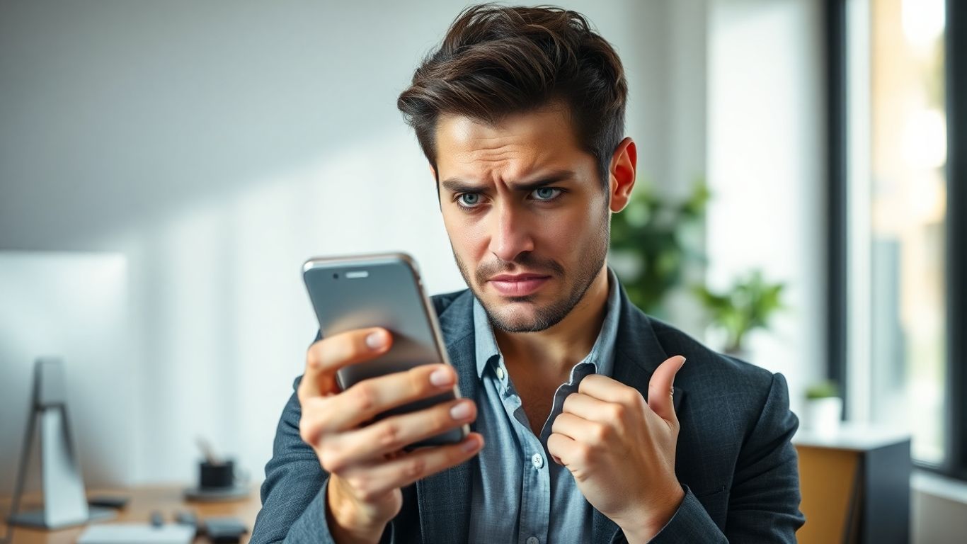 Frustrated business owner getting a spam call at desk