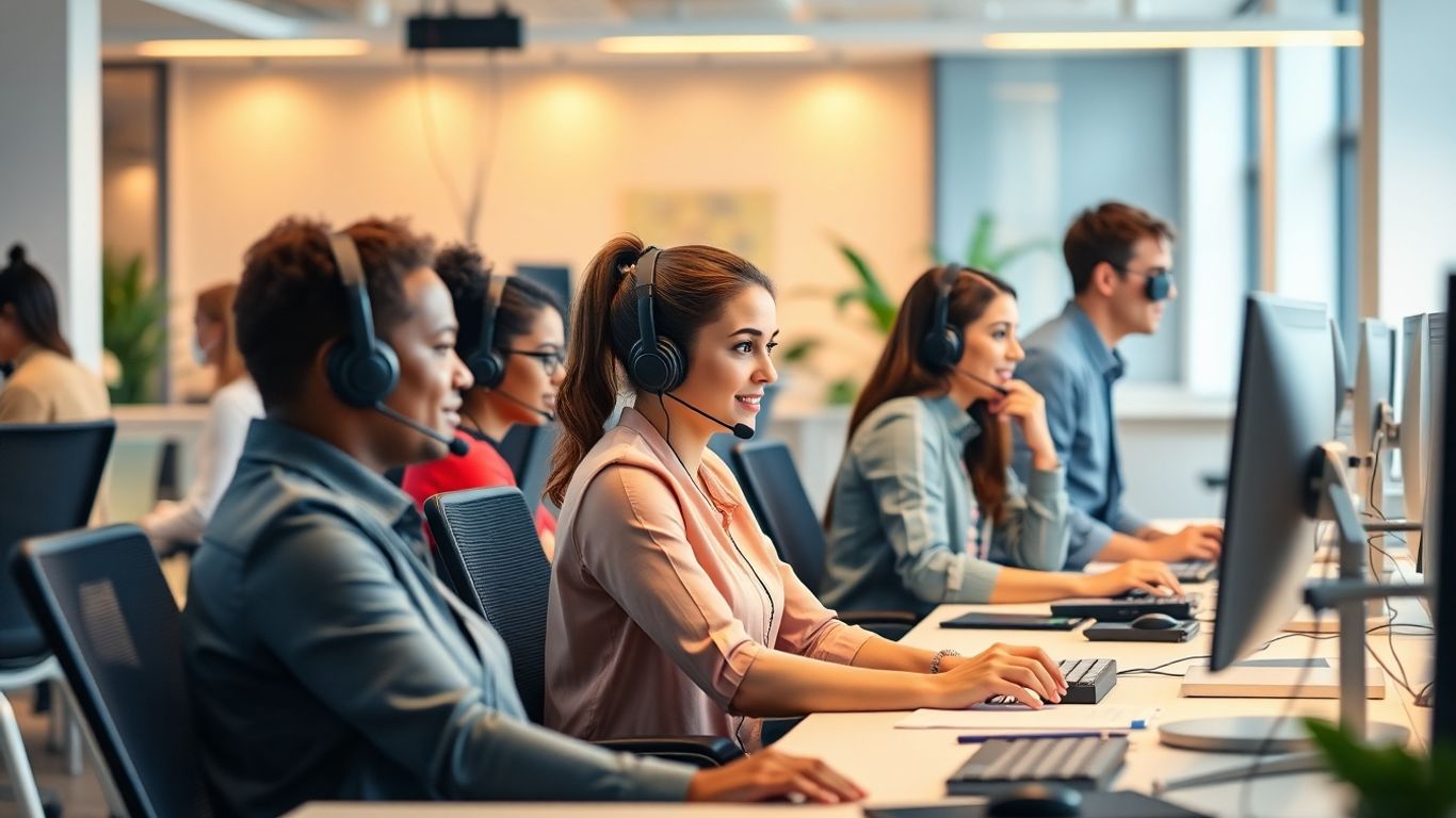 Customer service agents working at modern call center desks