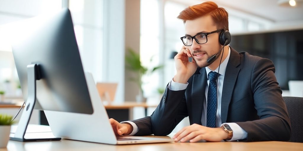 Salesperson on a call in a professional setting.