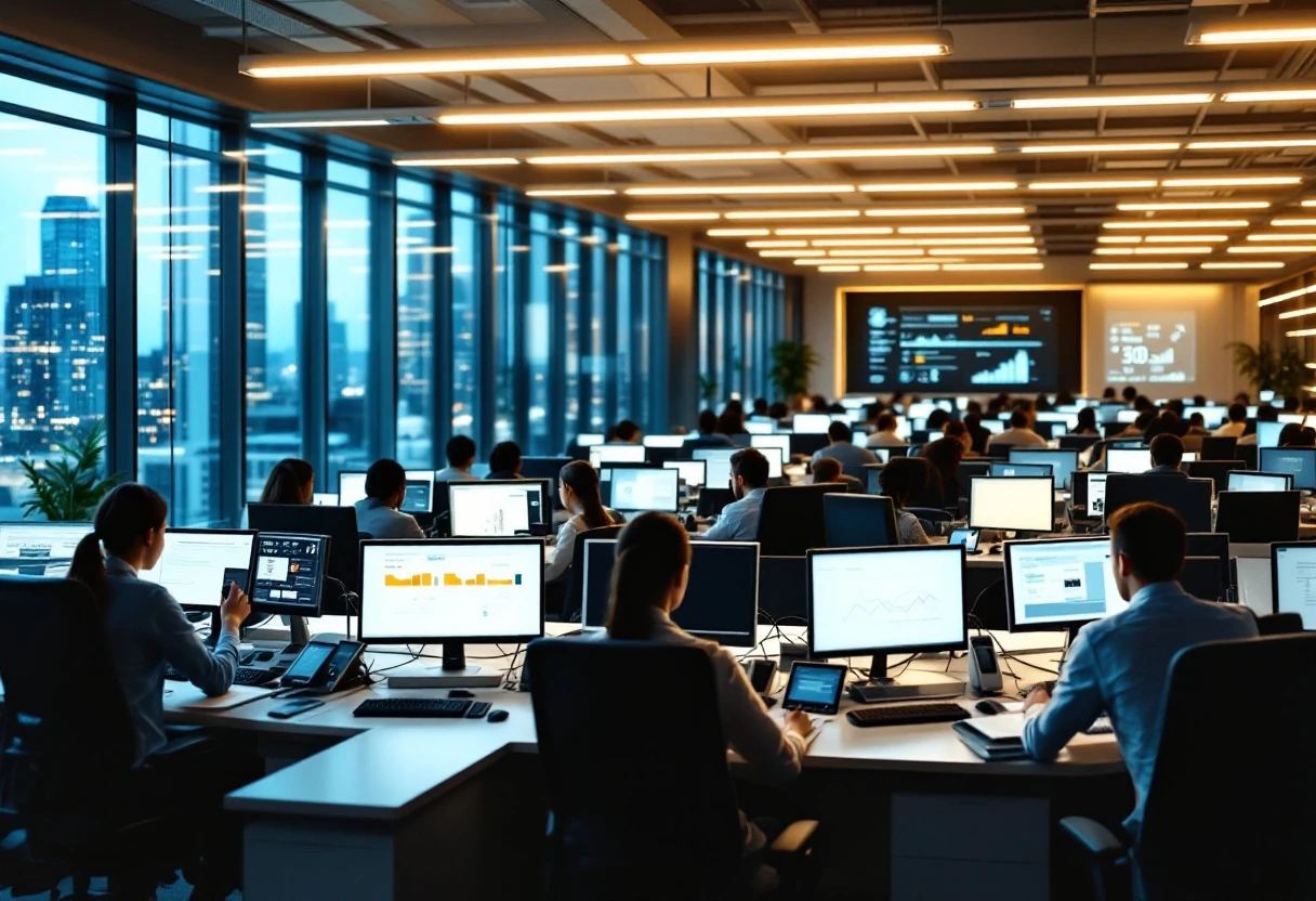 Image of a busy call center with employees managing high call volumes, showcasing teamwork and technology in action.