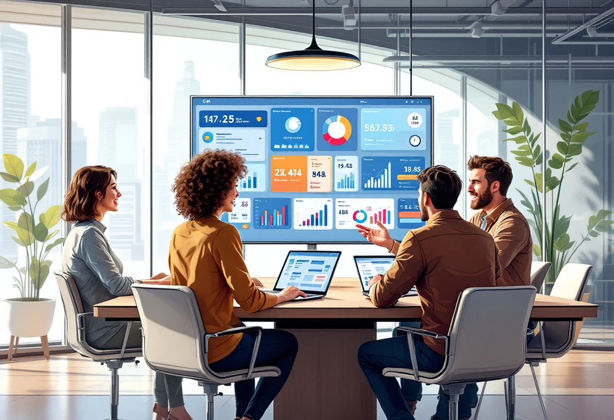 A visual representation of a sales team utilizing a CRM interface with data analytics tools, showcasing streamlined communications during tax season.