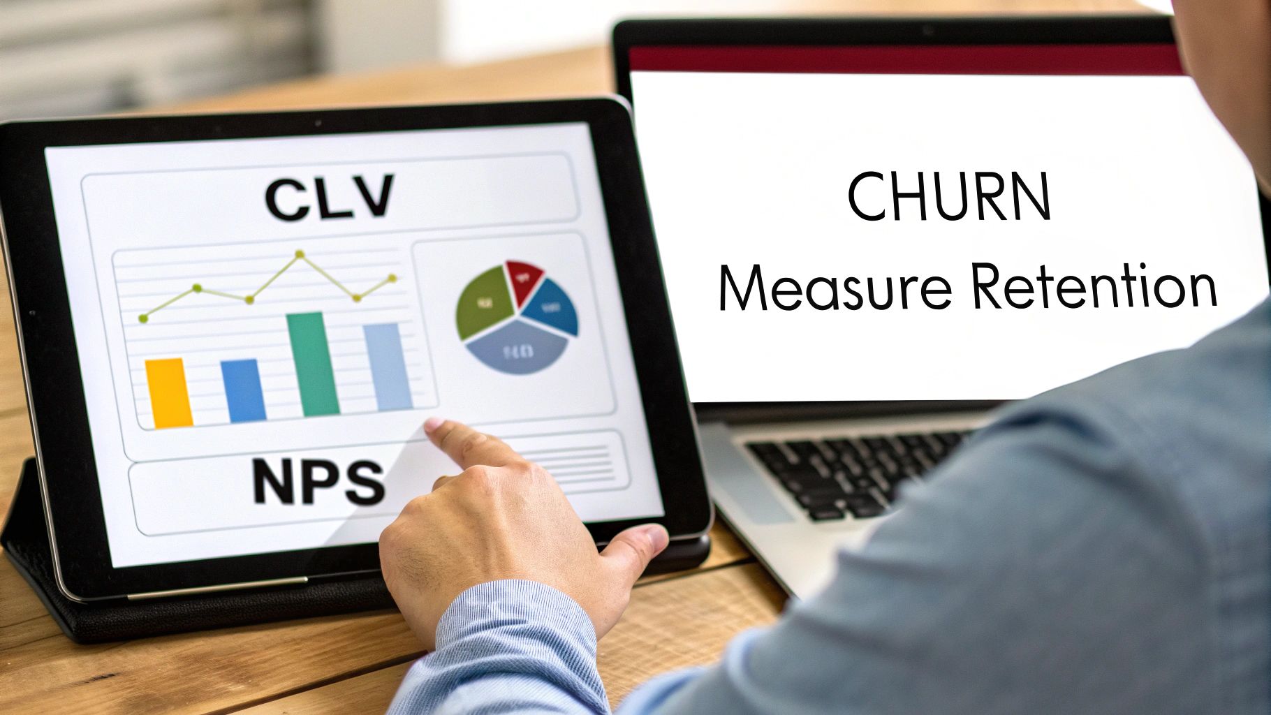 A dashboard showing key client retention metrics like CLV, Churn Rate, and NPS.