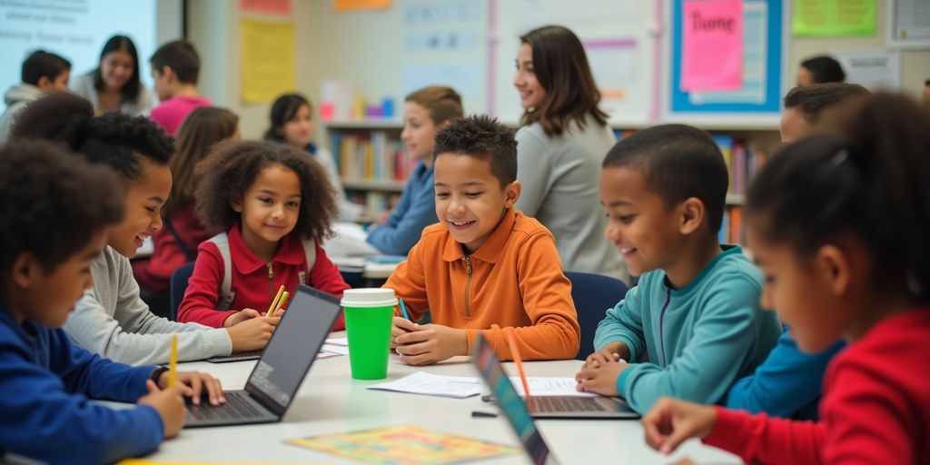 Engaged students in a colorful classroom setting.