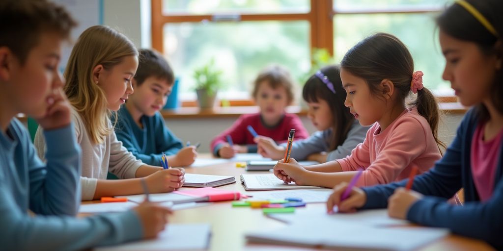 Engaged students in a bright, modern classroom setting.