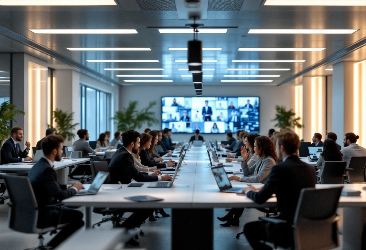 A busy office environment where employees are engaged in meaningful conversations with clients, showcasing the efficiency of modern AI technology.