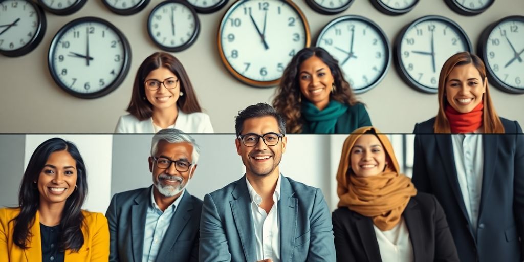 Professionals on a video call with world clocks backdrop.