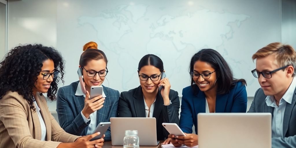 Diverse professionals making business calls in a modern office.