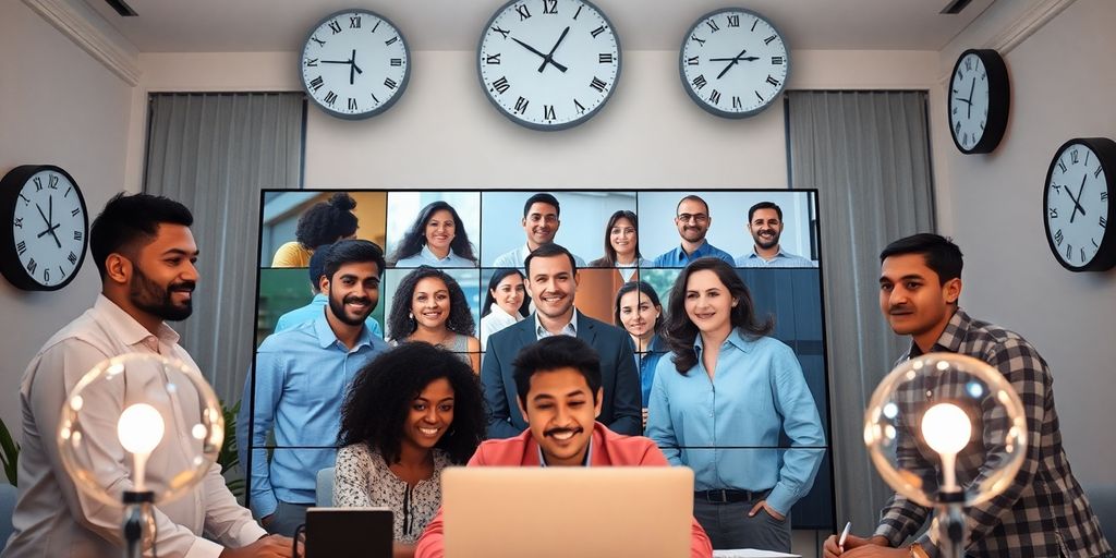 Professionals on a video call with multiple time zone clocks.
