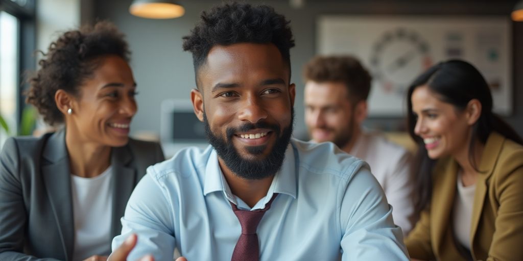 Diverse professionals on a business call in a modern office.