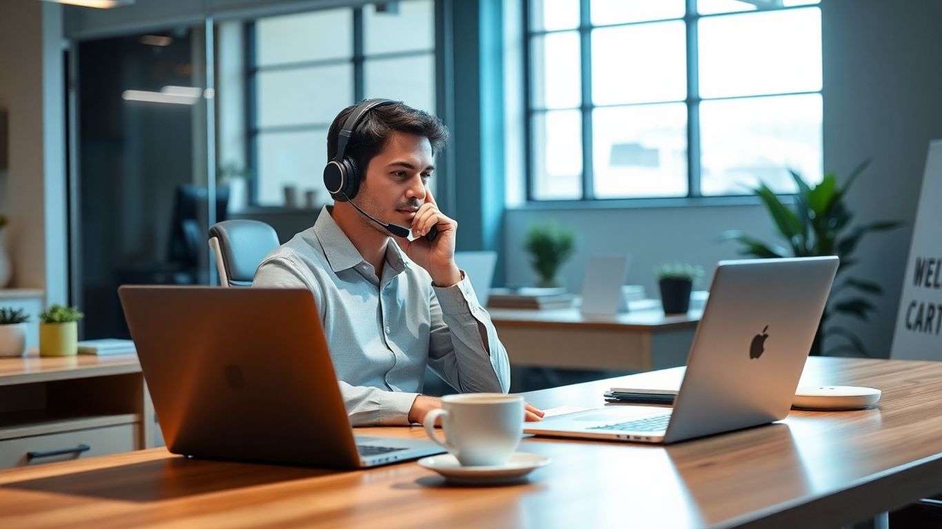 Receptionist using headset at modern desk in office.