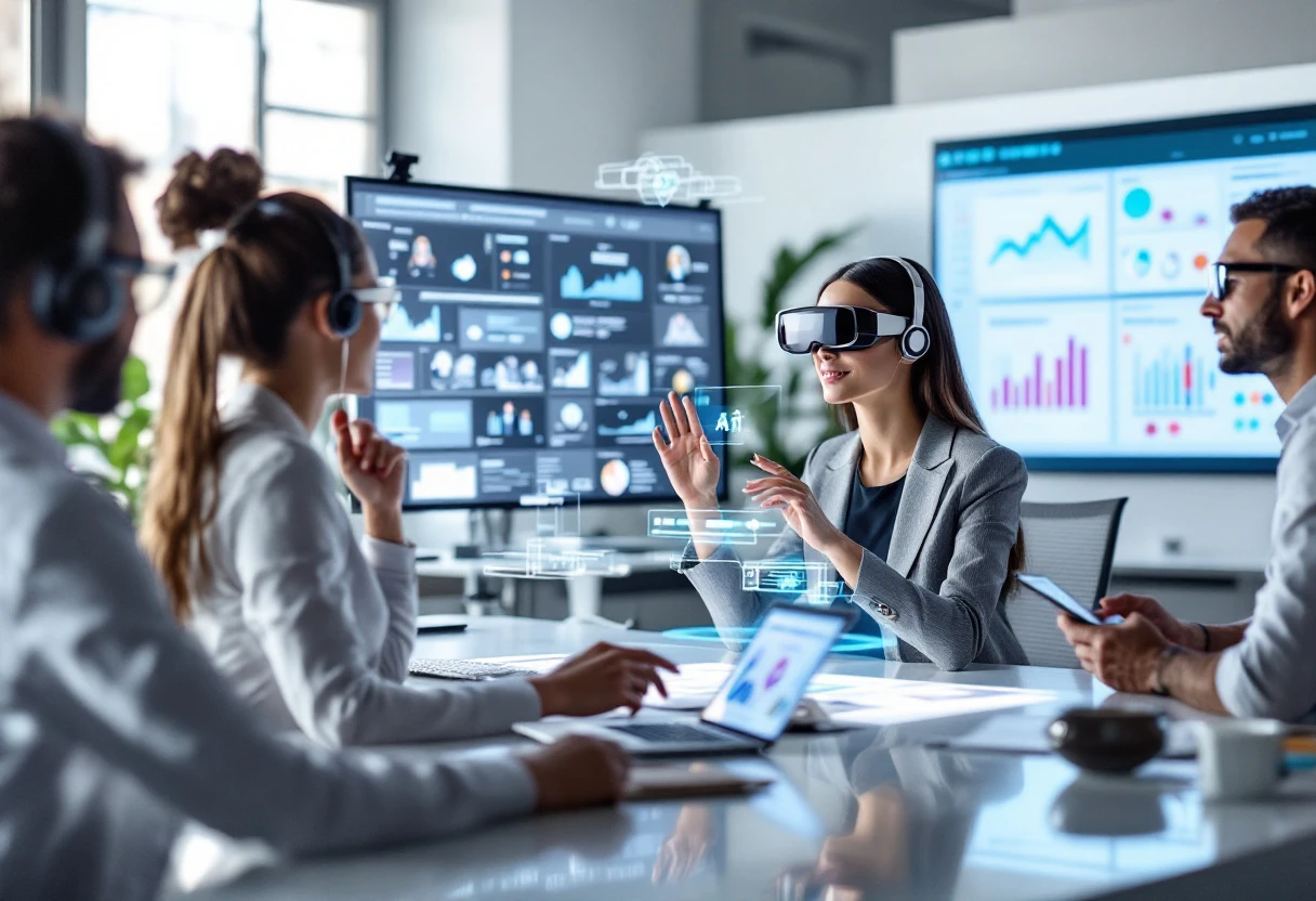 A dynamic office scene showcasing employees effectively utilizing AI tools to engage with clients and manage their sales leads. The image conveys efficiency through technology.