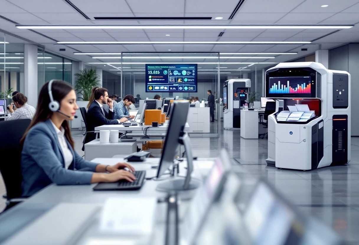 A busy office environment showcasing employees engaging in follow-up calls and using automated systems, reflecting modern business efficiency.