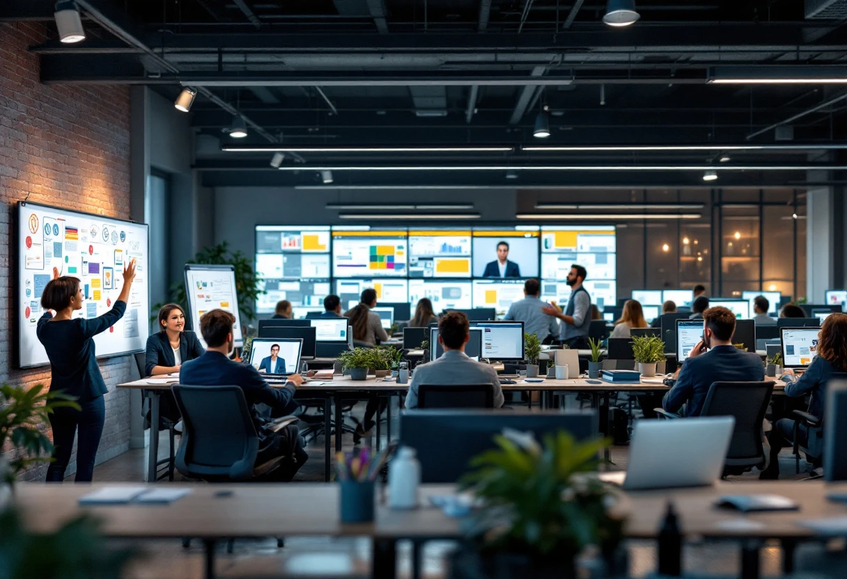A busy office environment showcasing staff engaged in personalized follow-up calls with clients, displaying a blend of technology and human interaction