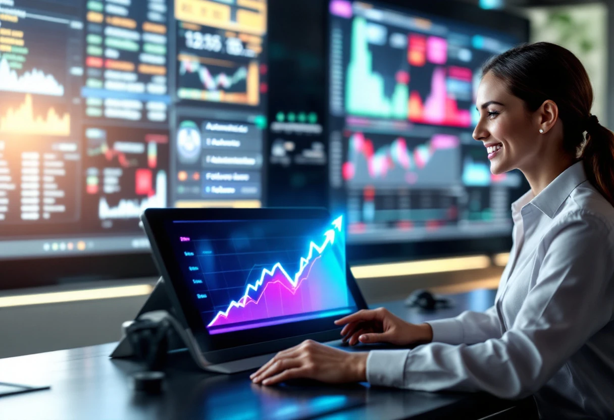 An image depicting a professional using AI technology in a customer service setting, showcasing the concept of automated follow-ups in the finance industry, with visuals of graphs indicating growth.
