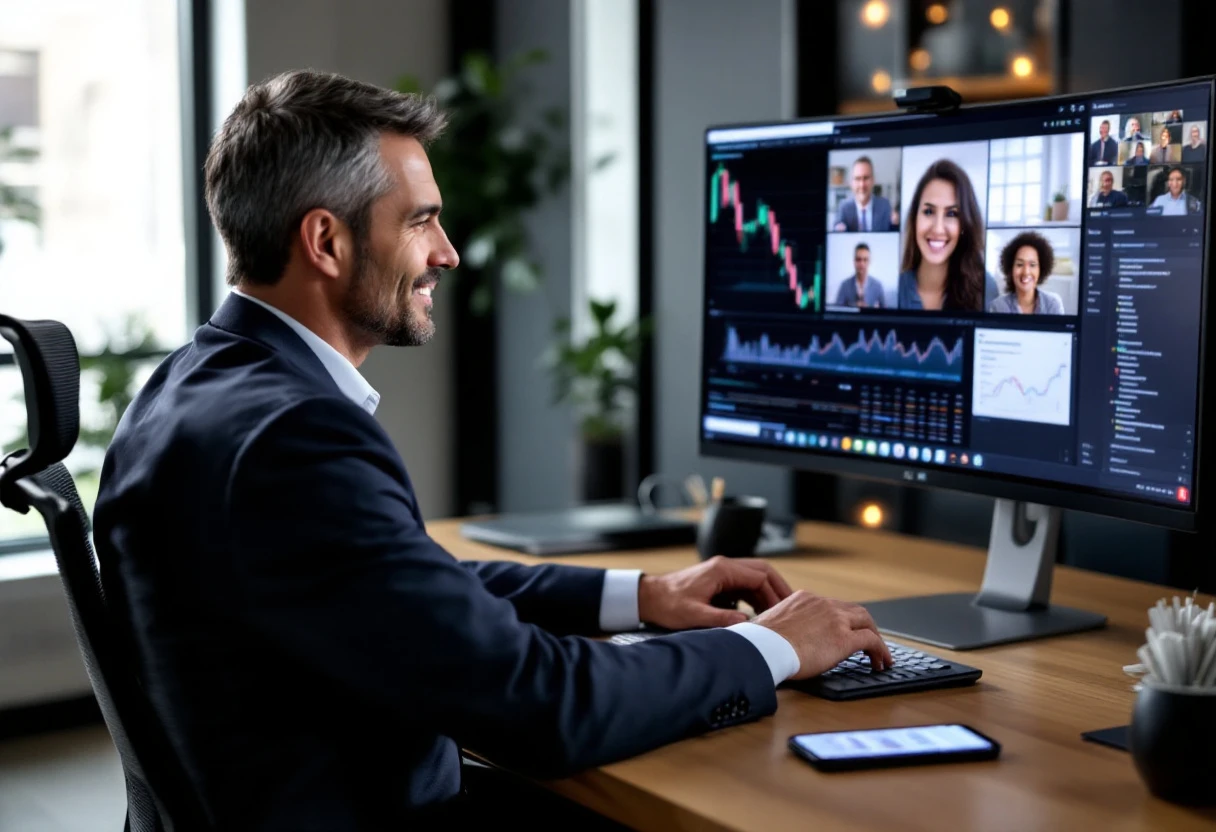 An image showcasing a professional setting where a financial advisor is using a computer and a smartphone to engage with clients, symbolizing modern communication strategies.