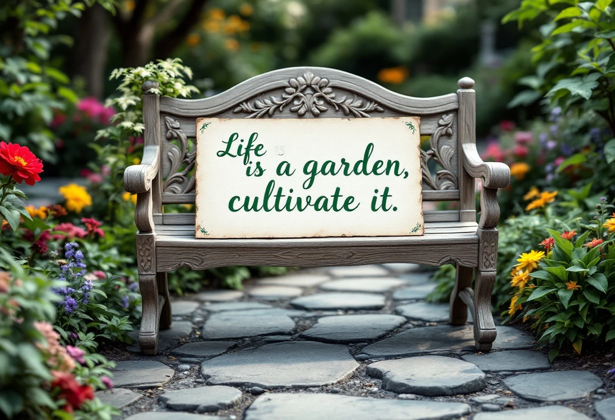A vibrant garden landscape with a stylistically arranged quote card displayed as if it's waiting for a follow-up discussion.