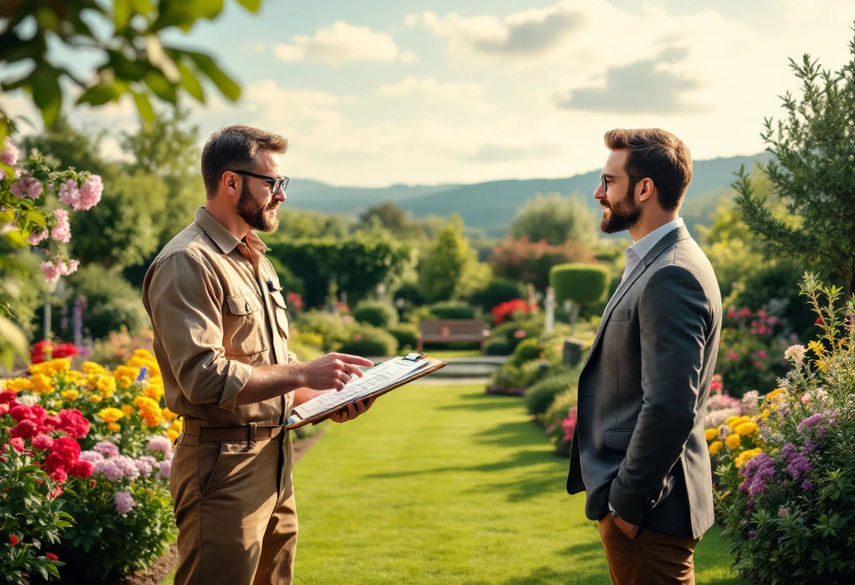 An eye-catching landscape of a beautifully maintained garden with a professional landscaper discussing plans with a client, highlighting the importance of timely follow-ups.
