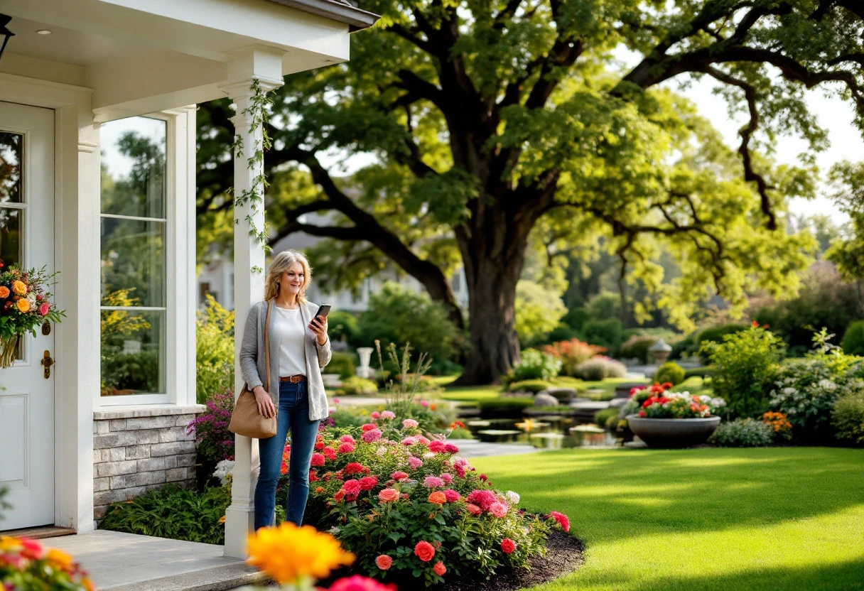 A beautiful landscaped yard with engaging follow-up imagery like phone calls, voicemails, and satisfied homeowners interacting with landscaping professionals.