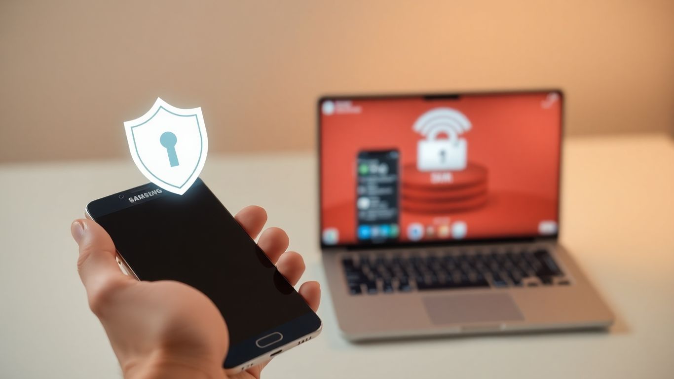 Hand holds Samsung phone with shield, backup in background