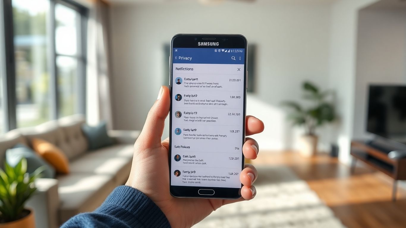 Hand holding Samsung phone with private notifications