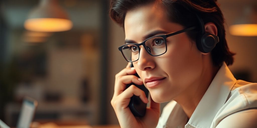 Professional on phone call analyzing results in office.