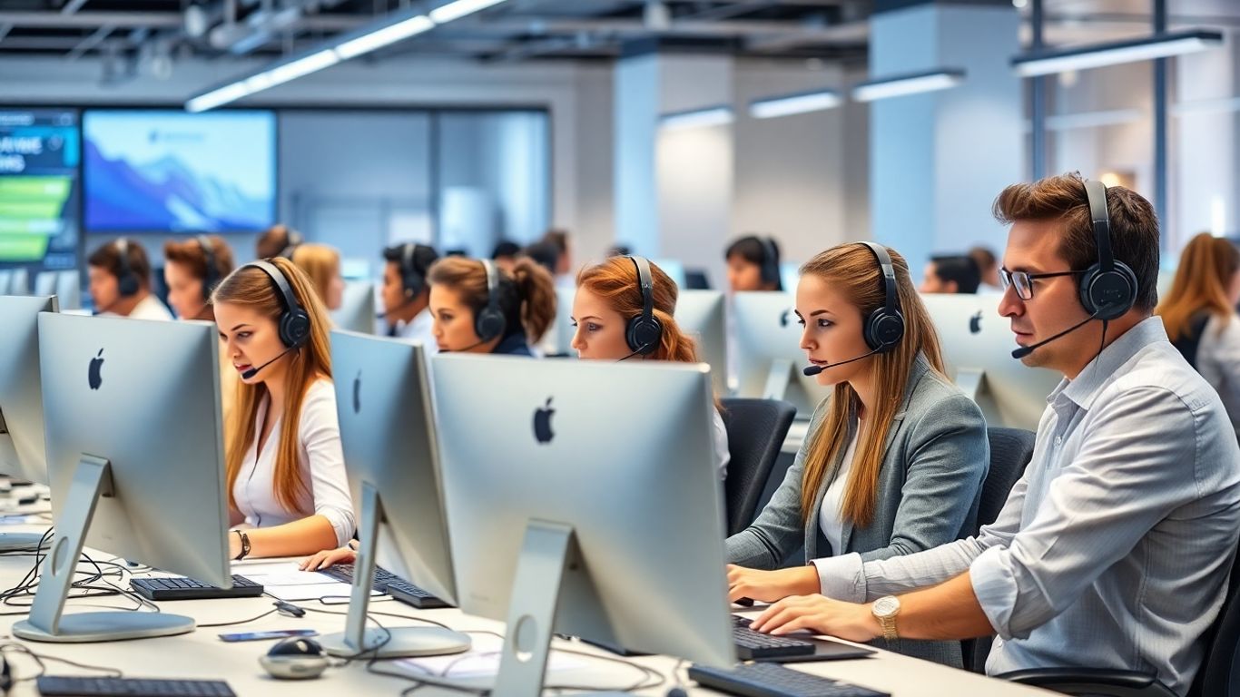 Modern call center agents working in high-tech office