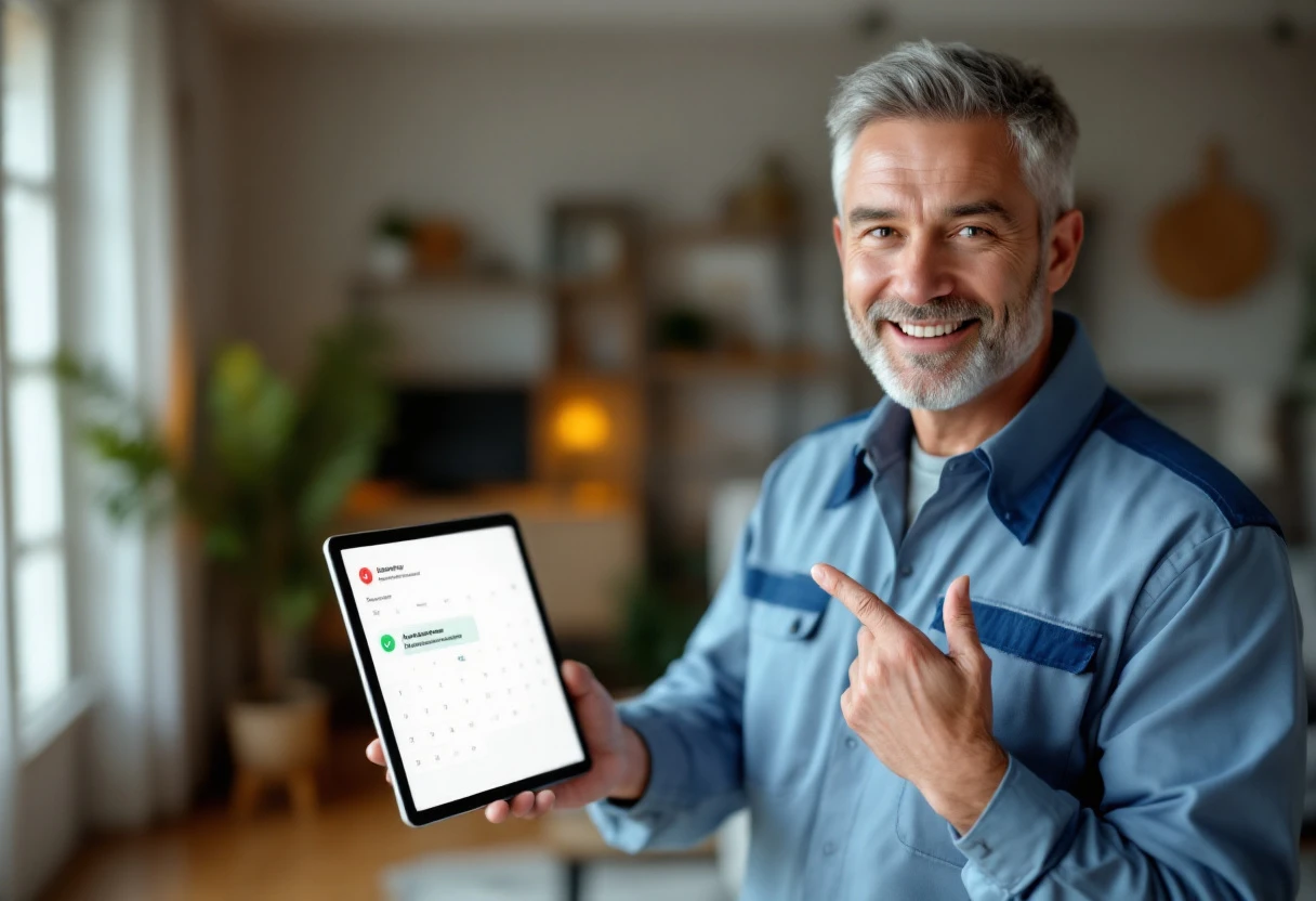 Image of a friendly technician showing a customer their appointment details on a tablet, highlighting the ease of receiving automated updates for HVAC maintenance.